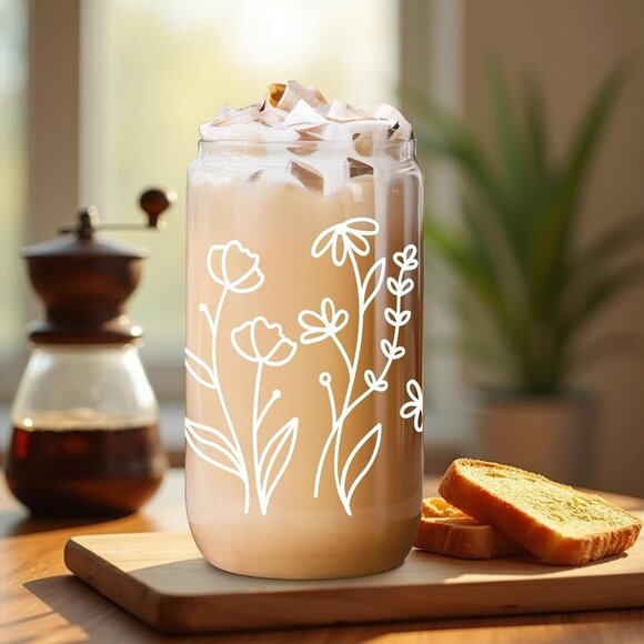 Floral Iced Coffee Cup, 16 oz Drinking Cute Glass Cups w/Lids Straws, Aesthetic - Picture 5 of 8